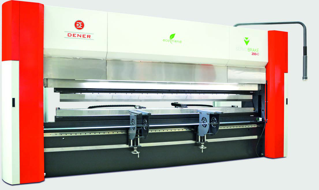 Dener DDM servo-electric CNC press brake with backgauge and red side frames